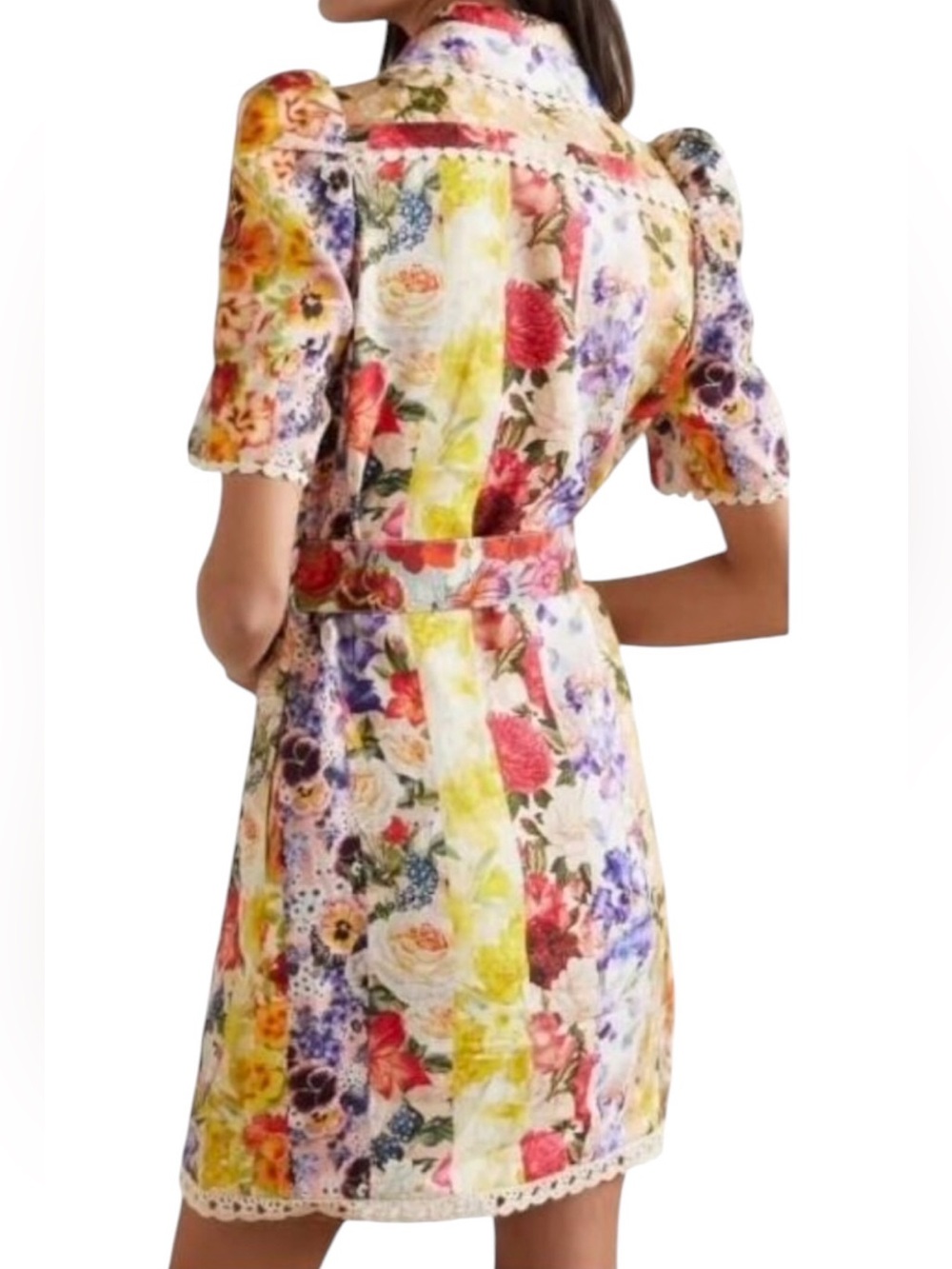 Zimmermann Wonderland Linen Floral Raffia Trim Short Sleeve Collared Midi Dress - Picture 2 of 6